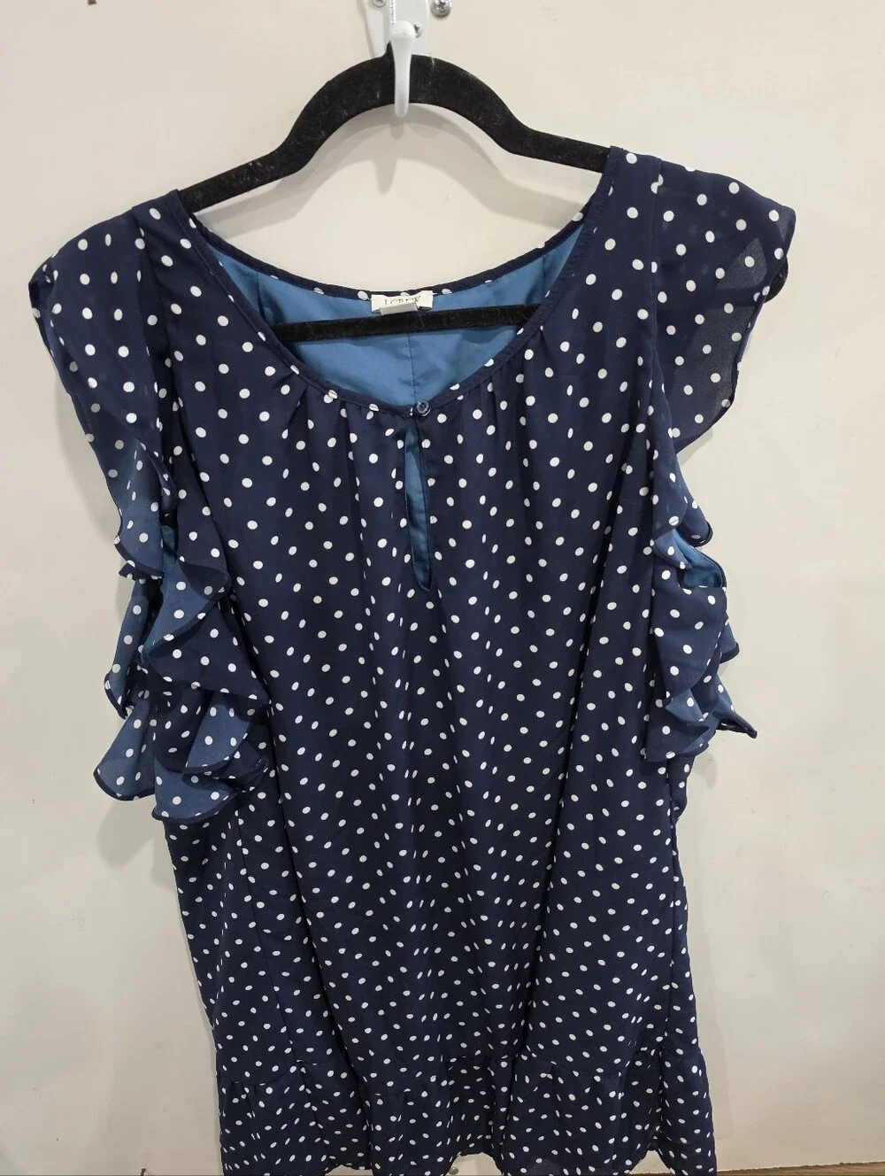 J. Crew Navy and White Polka Dot Ruffle Sleeve Midi Dress Size XL. Cottagecore